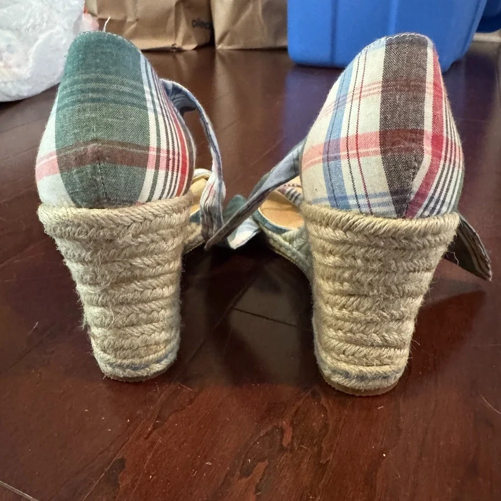 Tommy Hilfiger Plaid Espadrille Wedge Sandals Fabric Ankle Tie 3.5